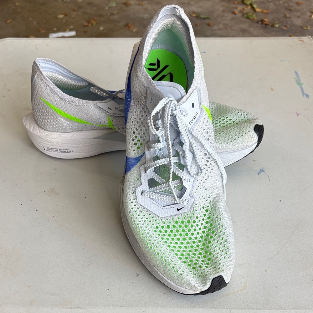Nike Vaporfly3- White Mesh Running Shoes with Neon Green & Blue Accents